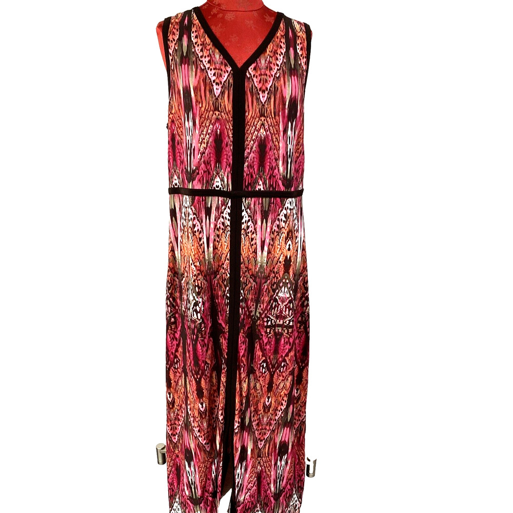 NWT Chico’s Size 2 (L-12) Maxi Dress Sleeveless Pink Orange Brown Batik Casual